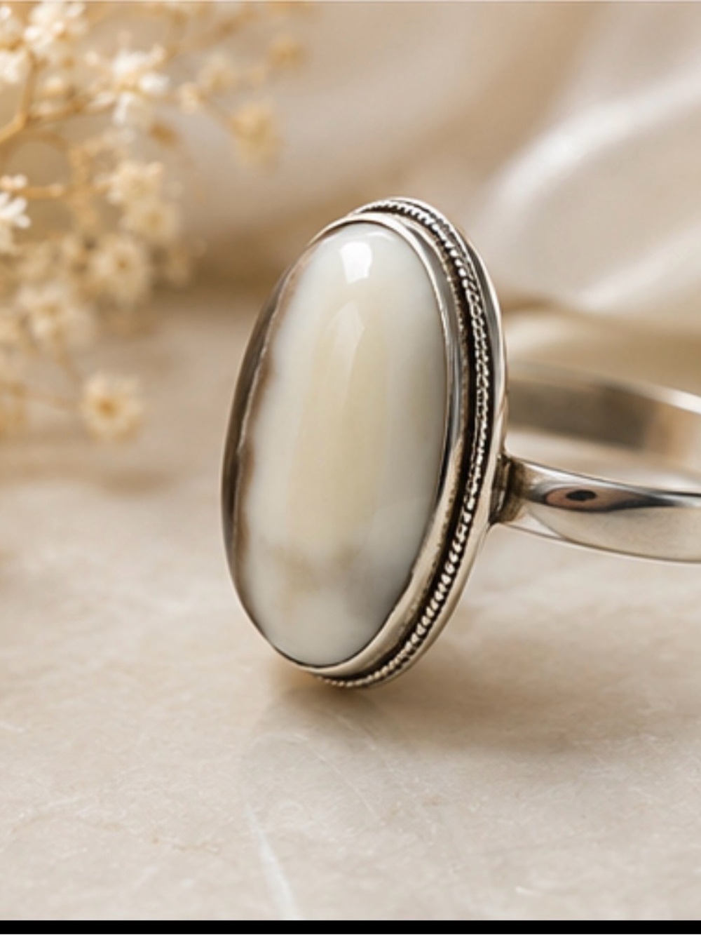 Sterling Silver 925 Oval Ring with White Stone